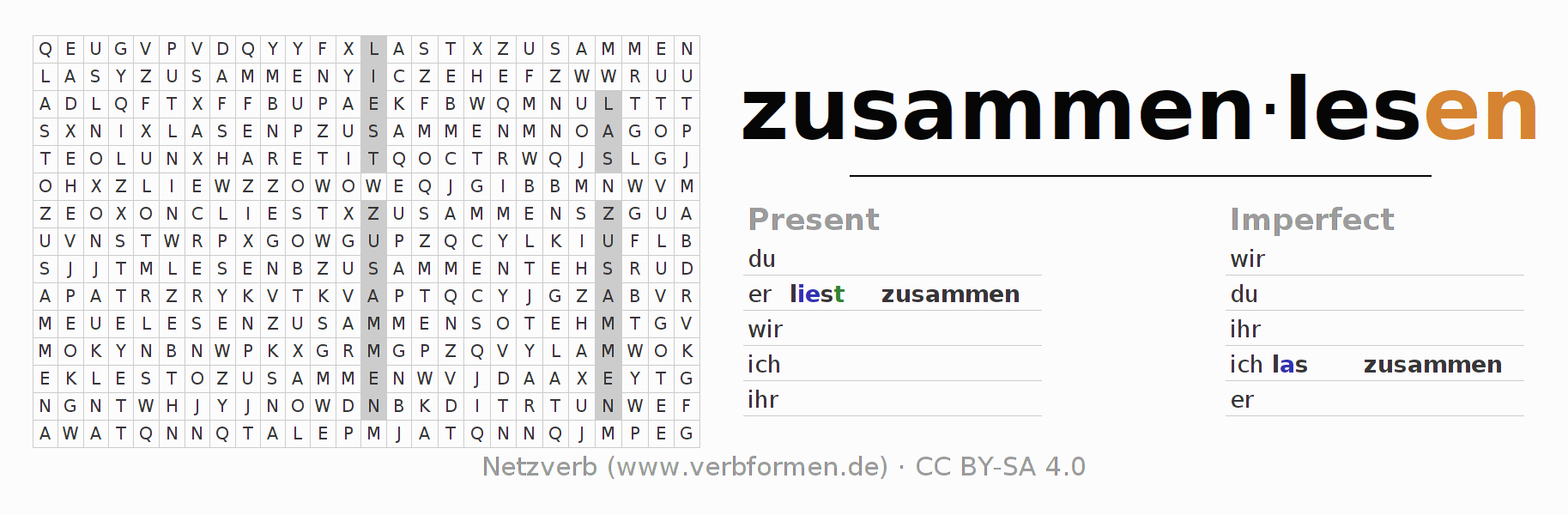 Word search puzzle for conjugation of German verb zusammenlesen