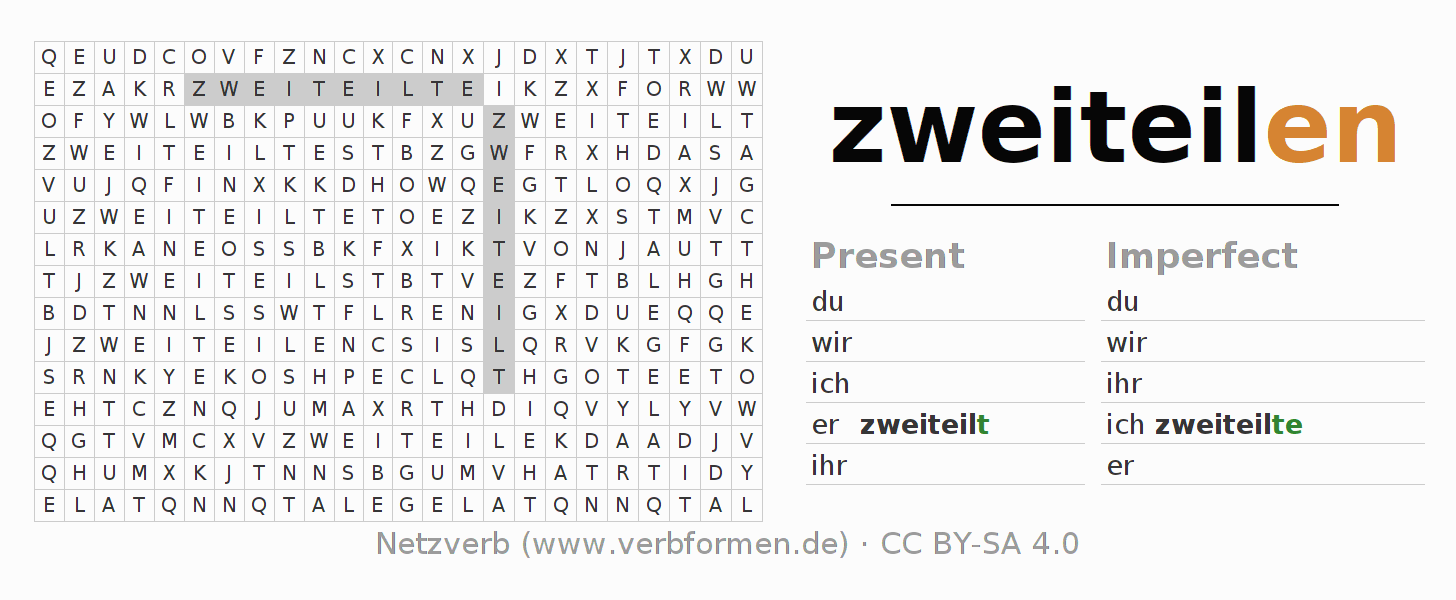 Word search puzzle for conjugation of German verb zweiteilen